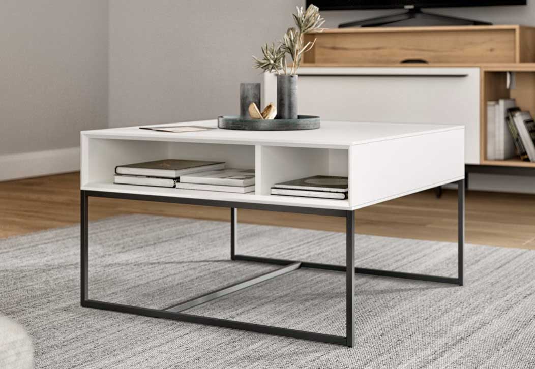 weißer couchtisch mit stauraumfächer und schwarzem metallgestell