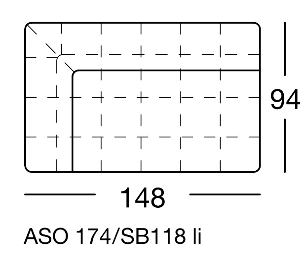 Maßzeichnung eines Sofaelements vor weißem Hintergrund