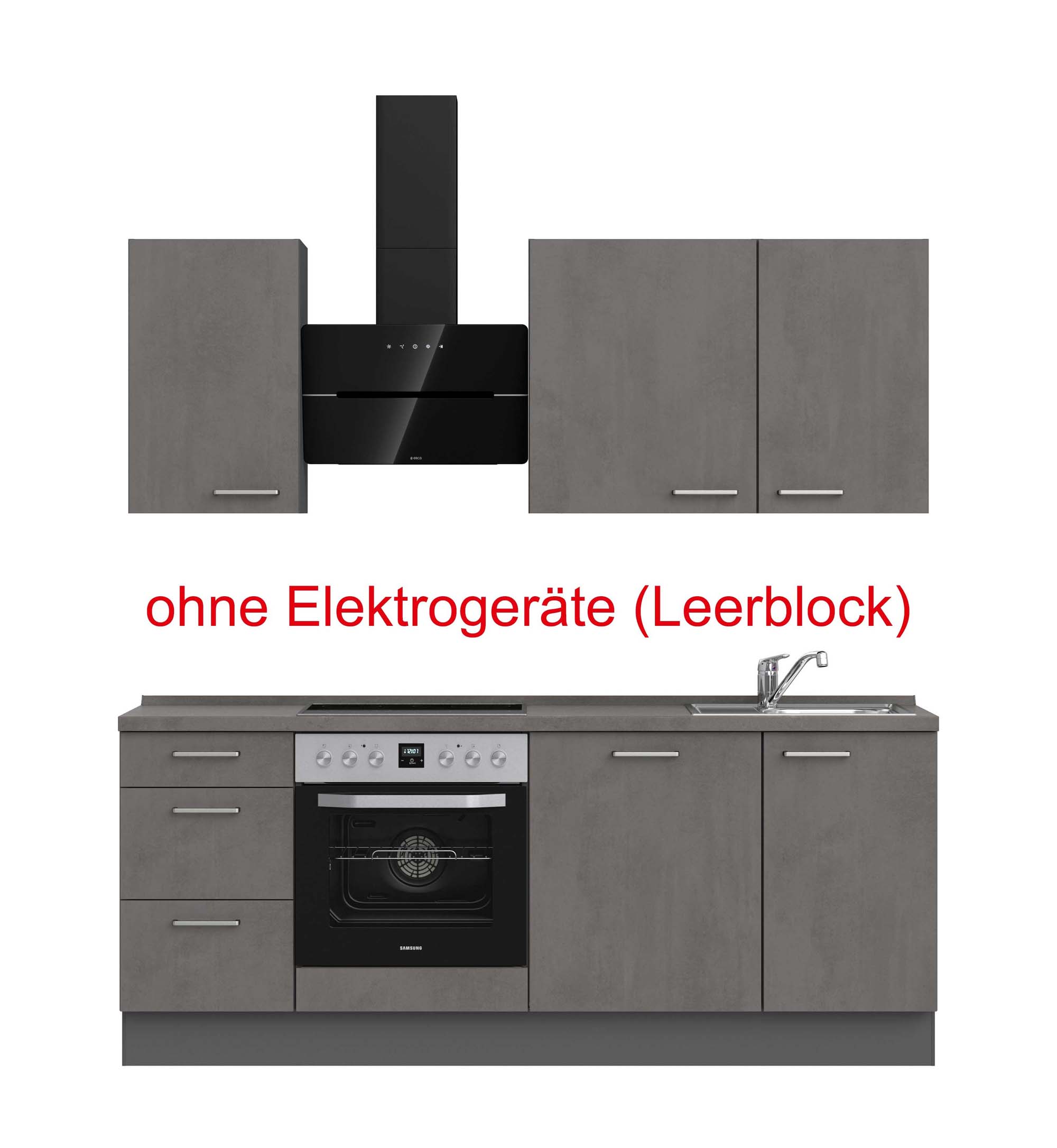 küchenzeile grau mit Backofen, Herd, Dunstabzugshaube, Waschbecken, Armatur mit Hinweistext ohne Elektrogeräte (Leerblock) nobilia riva