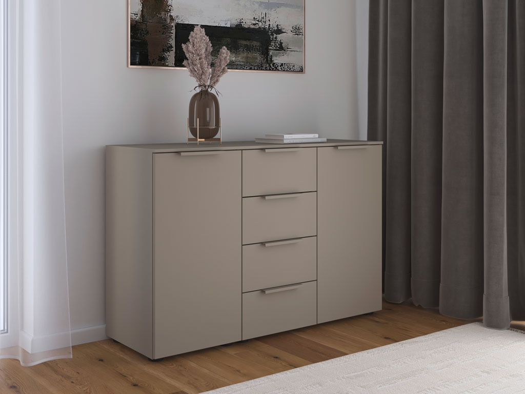 graue Kommode mit vier Schubladen und zwei Drehtüren in einem modernen zimmer stilvoll dekoriert