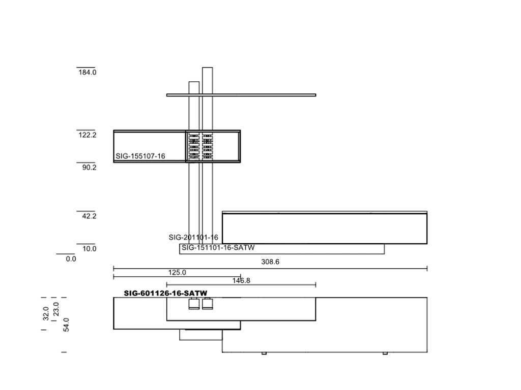 Detaillierte technische Zeichnung einer modernen Architekturstruktur mit verschiedenen Maßangaben und Identifikationsnummern wie SIG-601126-16-SATW.
