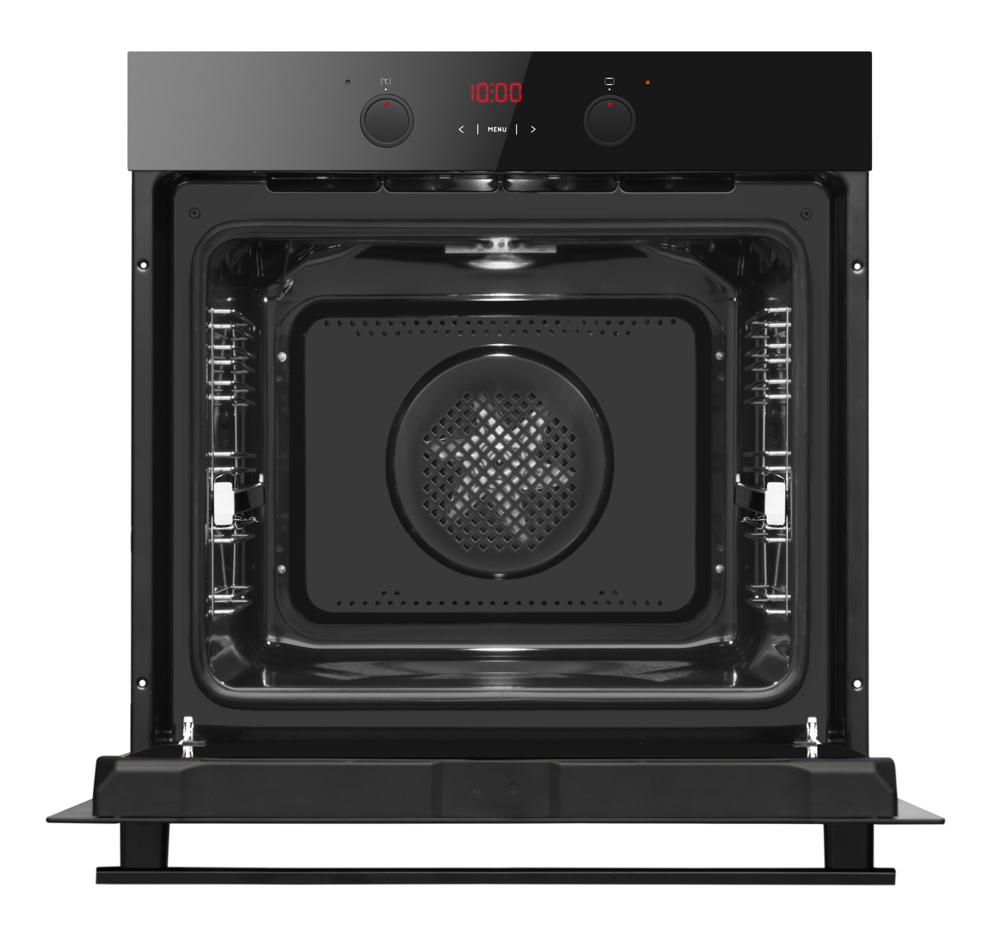 Leerer, geöffneter Backofen-Innenraum mit seitlichen Einhängegittern und Heißluftventilator an der Rückwand.