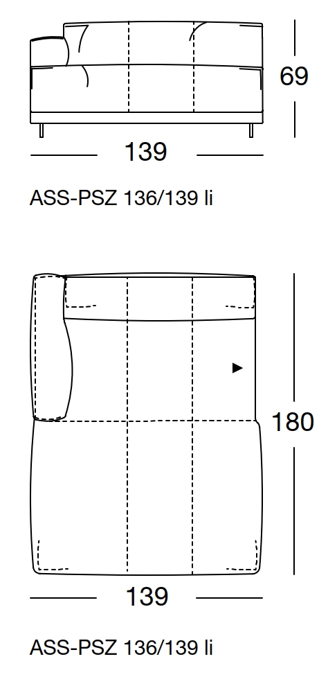 Maßzeichnung eines Sofaelements vor weißem Hintergrund freistil Rolf Benz 136