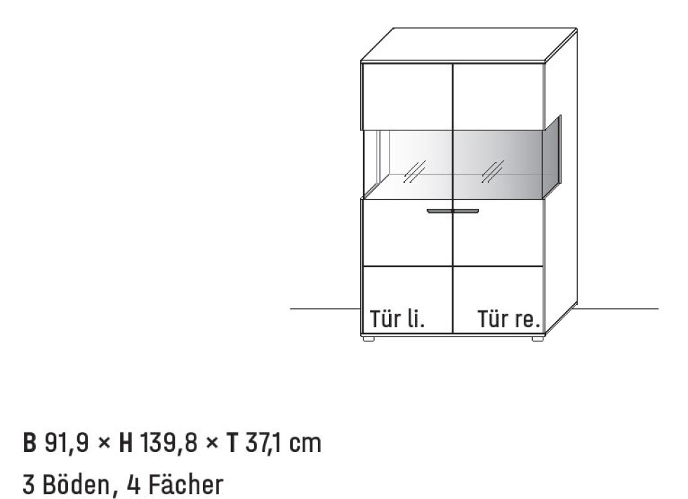 Illustration eines Highboards mit Maßangabe und Bezeichnung vor weißem Hintergrund