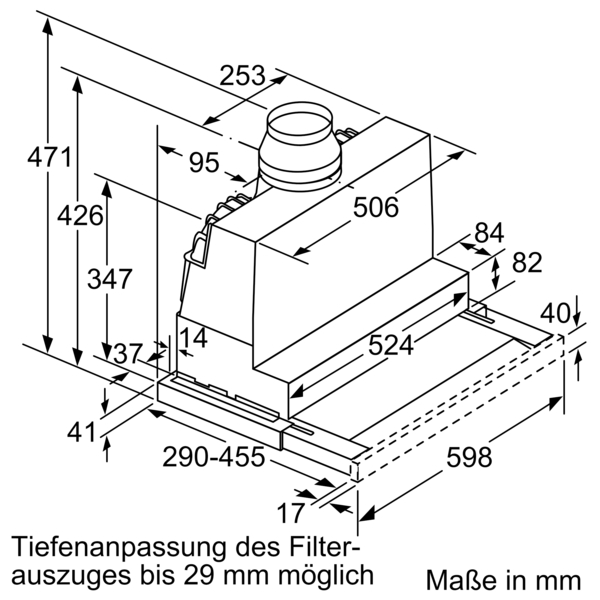 Technische Zeichnung eines Dunstabzugs mit detaillierten Maßen und Hinweise auf Tiefenanpassung des Filterauszugs bis 29 mm. Maße in Millimetern angegeben.