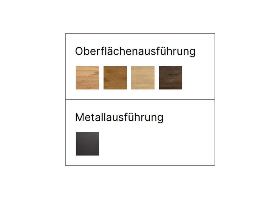 Darstellung der verfügbaren Oberflächenausführungen (Holzfarben) und Metallausführungen (Anthrazit) für das Hasena Bett Tresali.