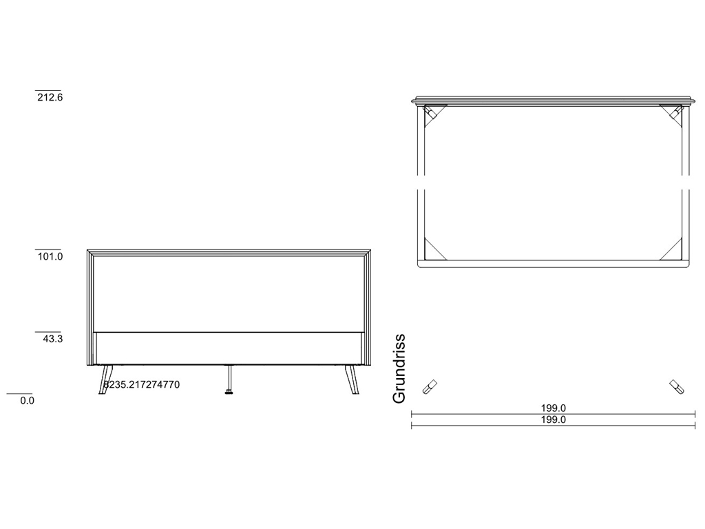 Eine technische Zeichnung mit Maßangaben für das Bett Selena in der Größe 180x200 cm.
