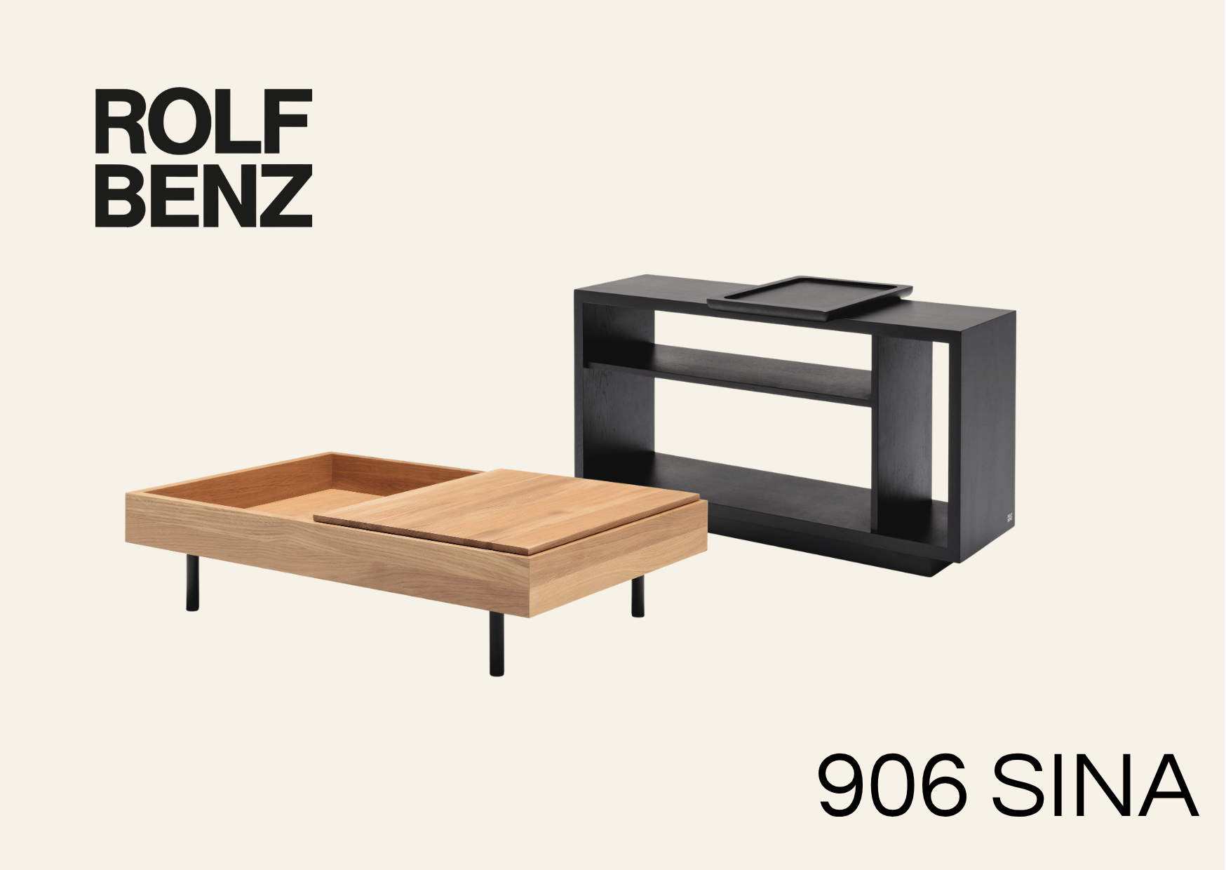 Couchtisch und Regal aus Holz. Bildaufschrift: Rolf Benz 906 Sina.