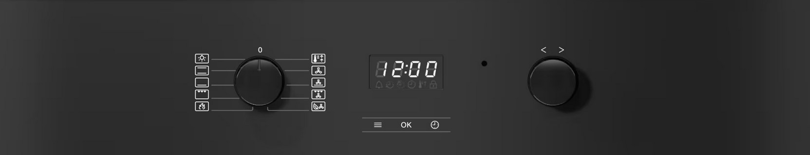 Nahaufnahme des Bedienfelds eines schwarzen Miele-Ofens mit digitaler Anzeige, die "12:00" zeigt, und zwei Drehknöpfen zur Auswahl von Funktionen und Einstellungen.