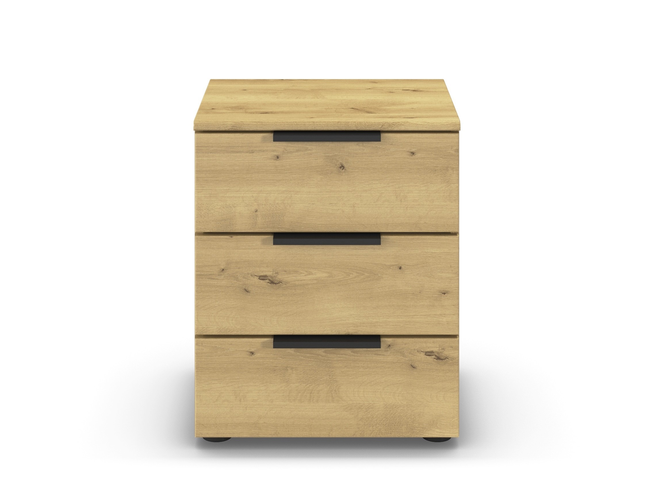 brauner Nachttisch mit drei Schubladen vor weißem Hintergrund
