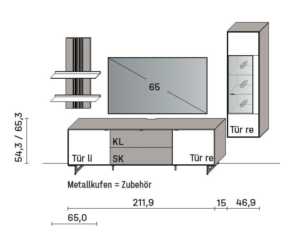 Illustration einer Wohnwand mit Maßangaben vor weißem Hintergrund