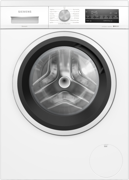 Siemens - Waschmaschine iQ500 |unterbaufähig | Frontlader 9 kg | 1400 U/min. | WU14UT42 Frontansicht einer Siemens iQ500 Waschmaschine mit digitalem Display und Trommel.