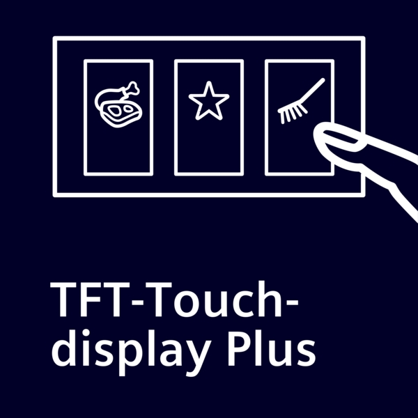Abbildung eines TFT-Touchdisplays Plus mit Symbolen für Fleisch, Stern und Besen, die von einem Finger berührt werden.