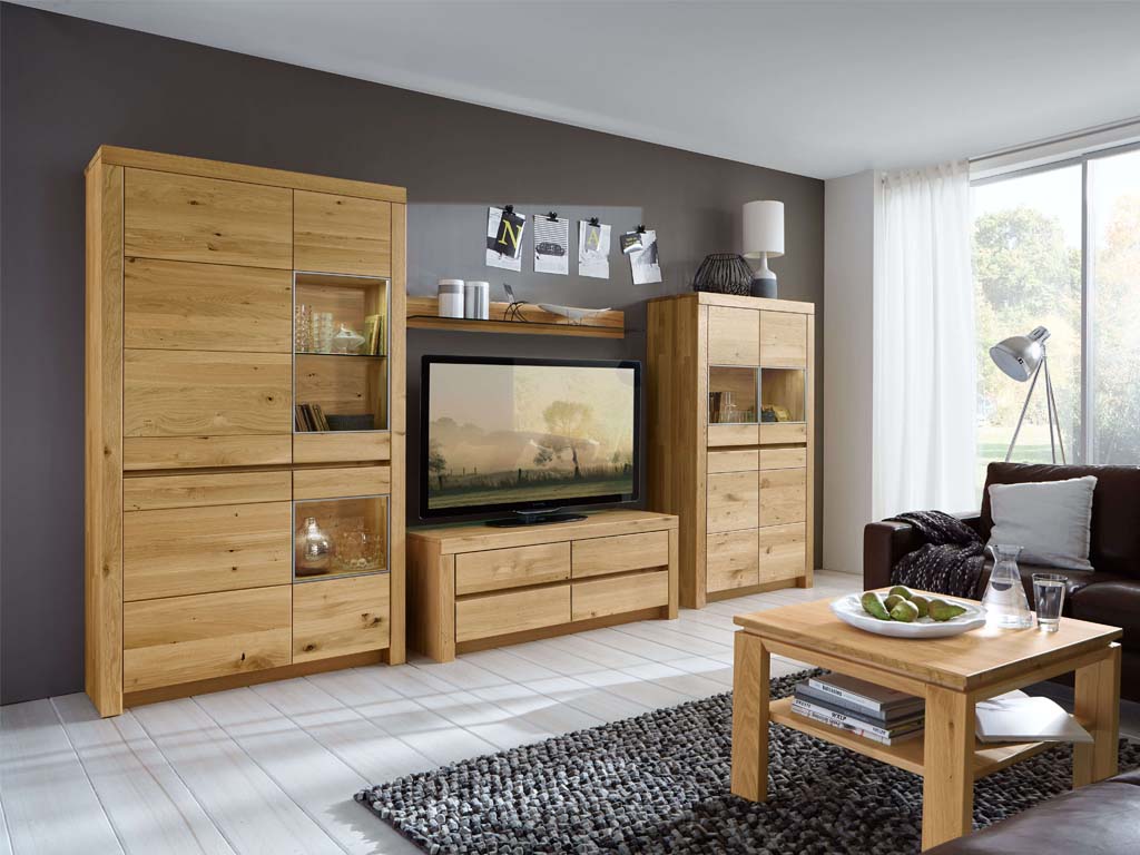 Wöstmann Soleo 3000 - Wohnwand, 4-teilig | Type 3006/3106 | B: 376,9 cm | konfigurierbar Wohnzimmer mit moderner Eichenholz-Wohnwand, bestehend aus TV-Regal, Bücherregalen, Couchtisch und dekorativen Elementen