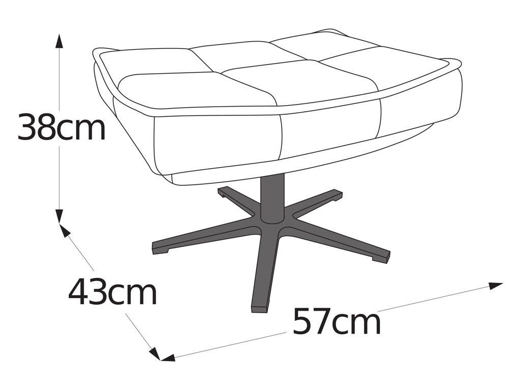 Illustration eines Hockers mit den Maßen: 38cm hoch, 43cm breit, 57cm tief
