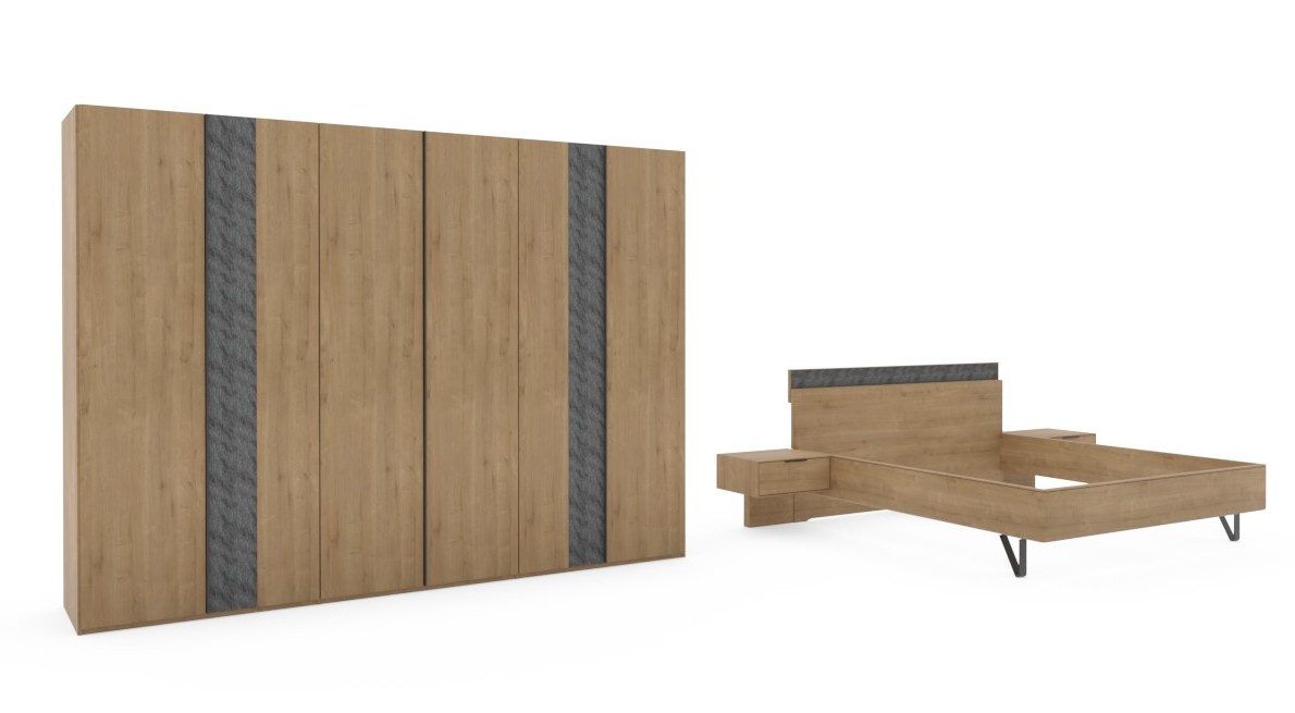 brauner Schrank mit zwei grauen Streifen und Bett mit zwei Konsolen vor weißem Hintergrund