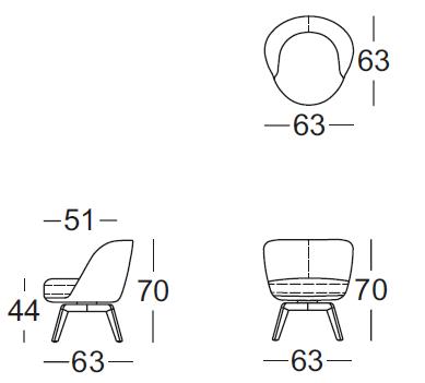 Technische Zeichnung eines Designer-Stuhls mit den Abmessungen 63 cm Breite, 70 cm Höhe und 51 cm Tiefe, dargestellt aus verschiedenen Perspektiven.