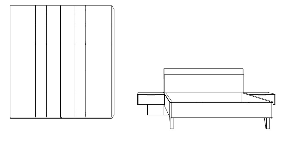 Illustration von einem Schrank und einem Bett mit zwei Konsolen vor weißem Hintergrund