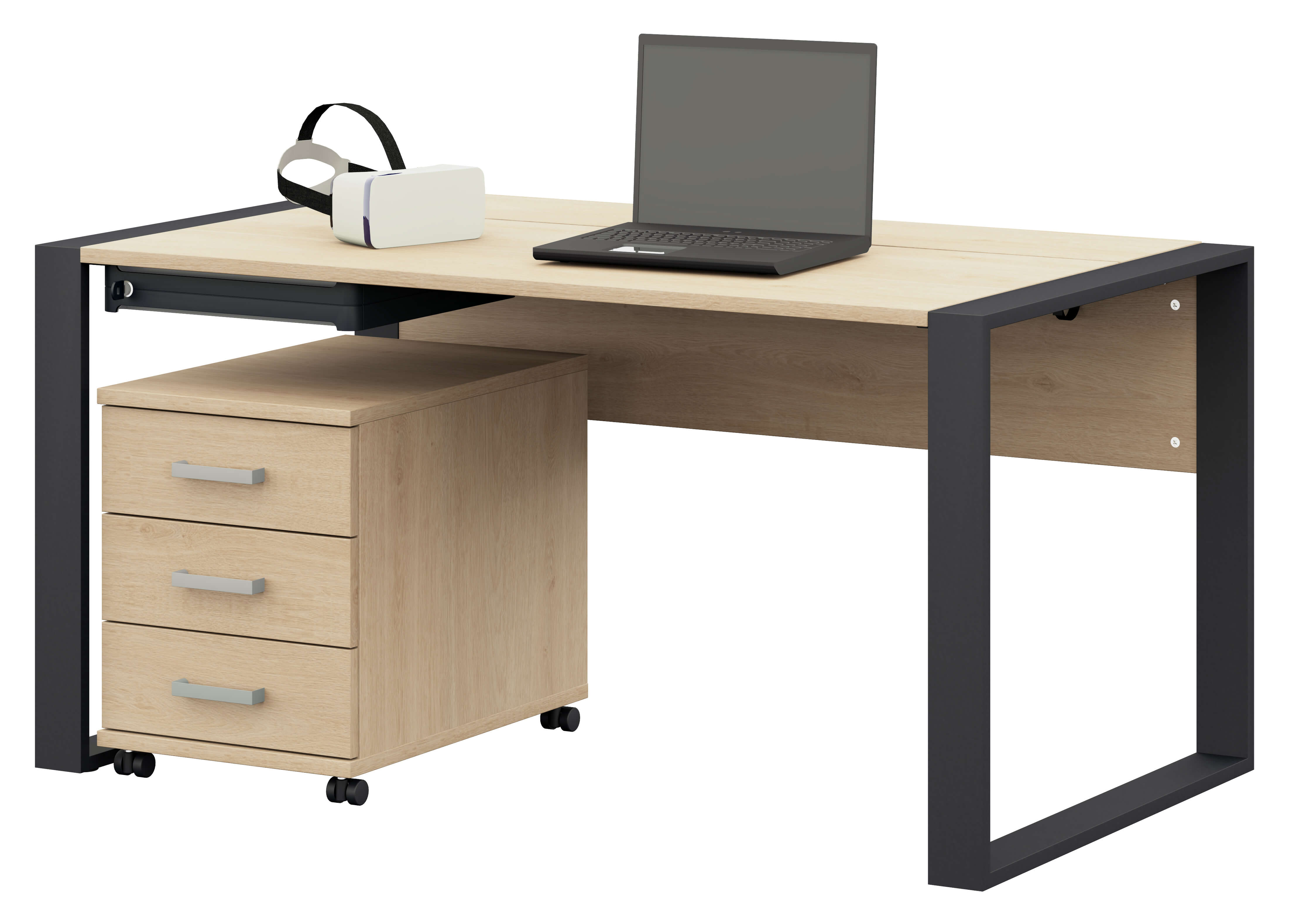 Röhr Bush clip - Schreibtisch mit Rollcontainer | Eiche Sand | Gestell anthrazit Schreibtisch aus Holz mit schwarzen Beinen, Laptop und VR-Brille. Enthält ein fahrbares Schubladenelement.