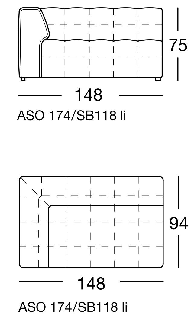 Maßzeichnung eines Sofaelements vor weißem Hintergrund