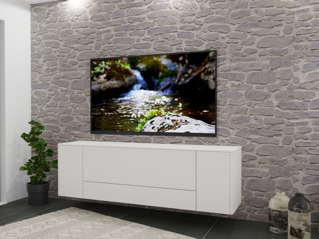 Sudbrock Goya - Sideboard | 2 Türen, 2 Schubladen | B: 185,4 cm | Lack verkehrsweiß Ein stilvoller Wohnraum mit einem an der Wand montierten LCD-Fernseher, davor ein weißes Sideboard. Die Wand ist mit Ziegelsteinoptik verkleidet, daneben steht eine Pflanze in einem schwarzen Topf.