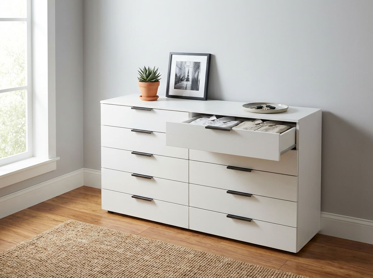 weiße kommode mit fünf schubladen je seite mit schwarzen griffe stilvoll dekoriert