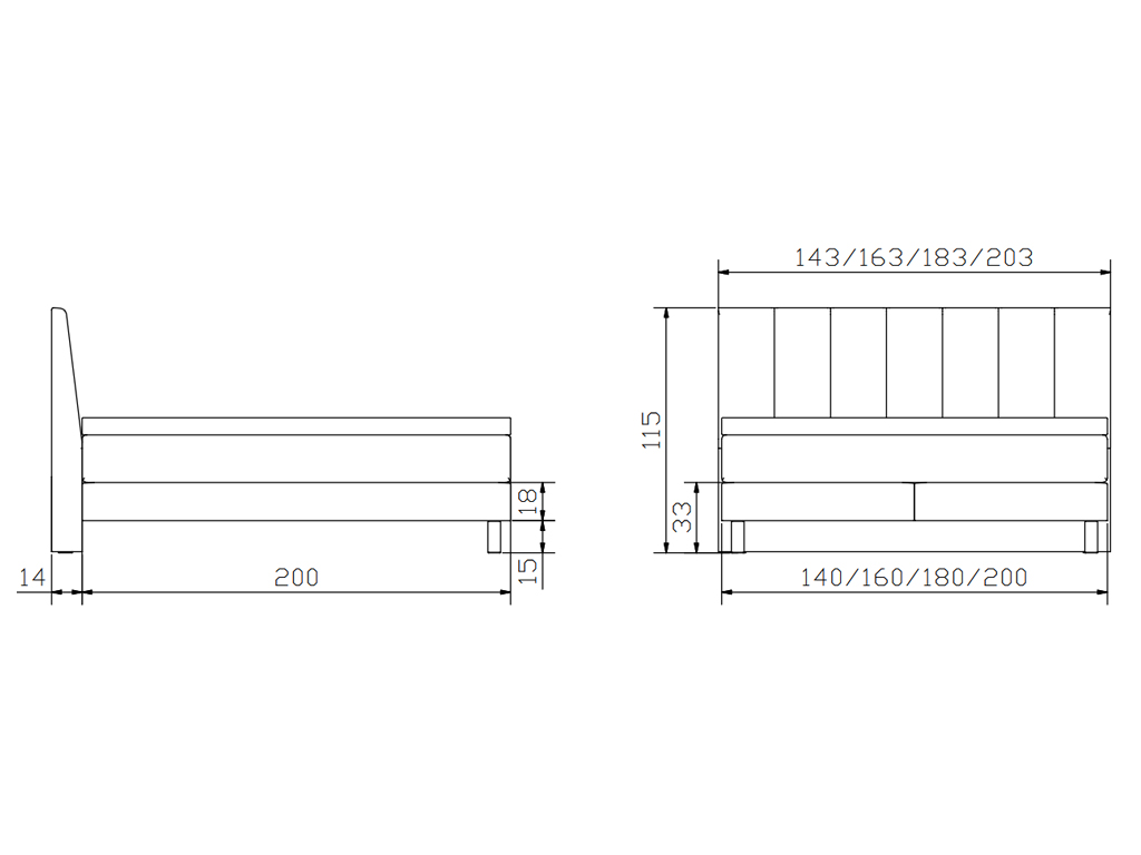 Zwei schematische Zeichnungen, die verschiedene Maße eines Boxspringbetts mit vertikal gestepptem Kopfteil darstellen, einschließlich der Höhe, Länge und Breite.