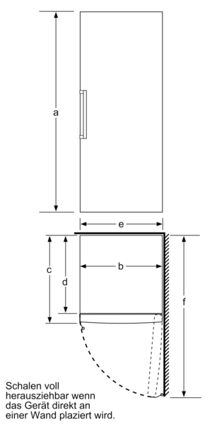Diagramm eines Kühlschranks mit detaillierten Abmessungen und Anmerkungen zur Positionierung, um die volle Zugänglichkeit der Schalen zu gewährleisten.