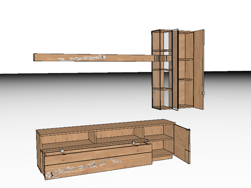Illustration einer modernen Holz Wohnwand mit künstlerischen Verzierungen und mehreren Regalen und Schränken