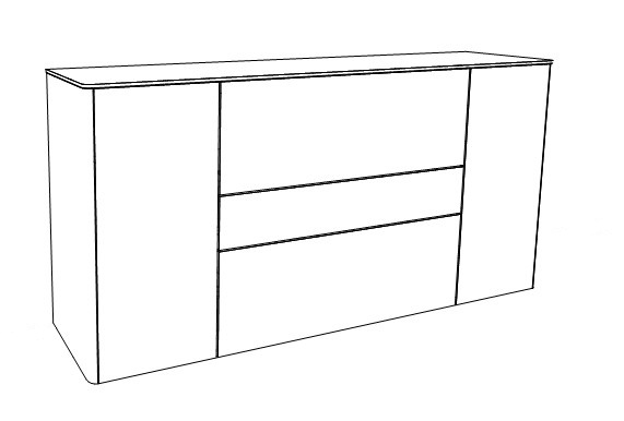 Schwarz-weiße Zeichnung einer modernen Holzkommode, die zwei Schubladen und zwei Türen zeigt