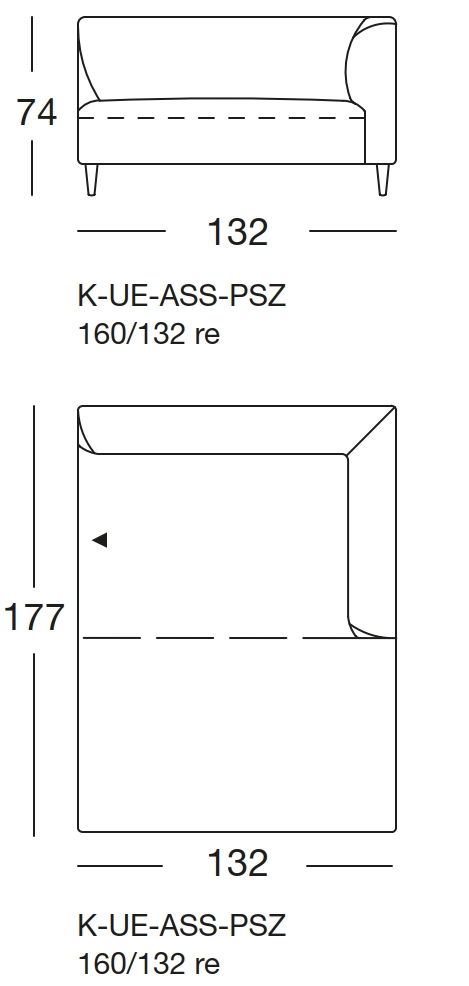 Maßzeichnung eines Sofaelements vor weißem Hintergrund freistil Rolf Benz 160
