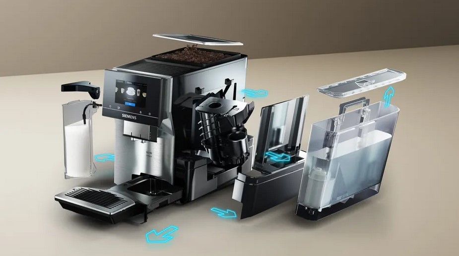 Explosionszeichnung eines Siemens Kaffeevollautomaten mit entnommenen Bauteilen