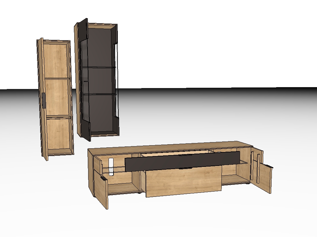 3D-Darstellung eines modularen TV-Schrank Sets aus Holz mit Metallelementen, bestehend aus einem breiten Lowboard und zwei hohen Schränken