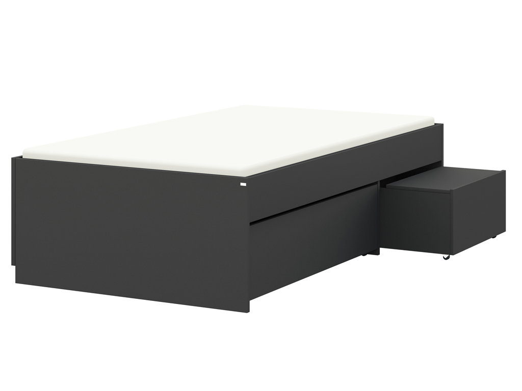 Schwarzes Einzelbett mit integriertem Stauraum und einem ausziehbaren Rollcontainer