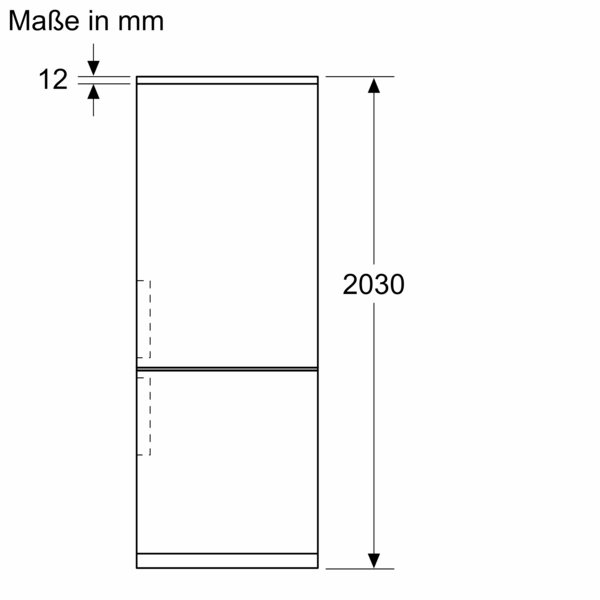 Lineare Darstellung eines Kühlschranks mit einer Höhe von 2030 mm und Detailmaß von 12 mm in der Tür.
