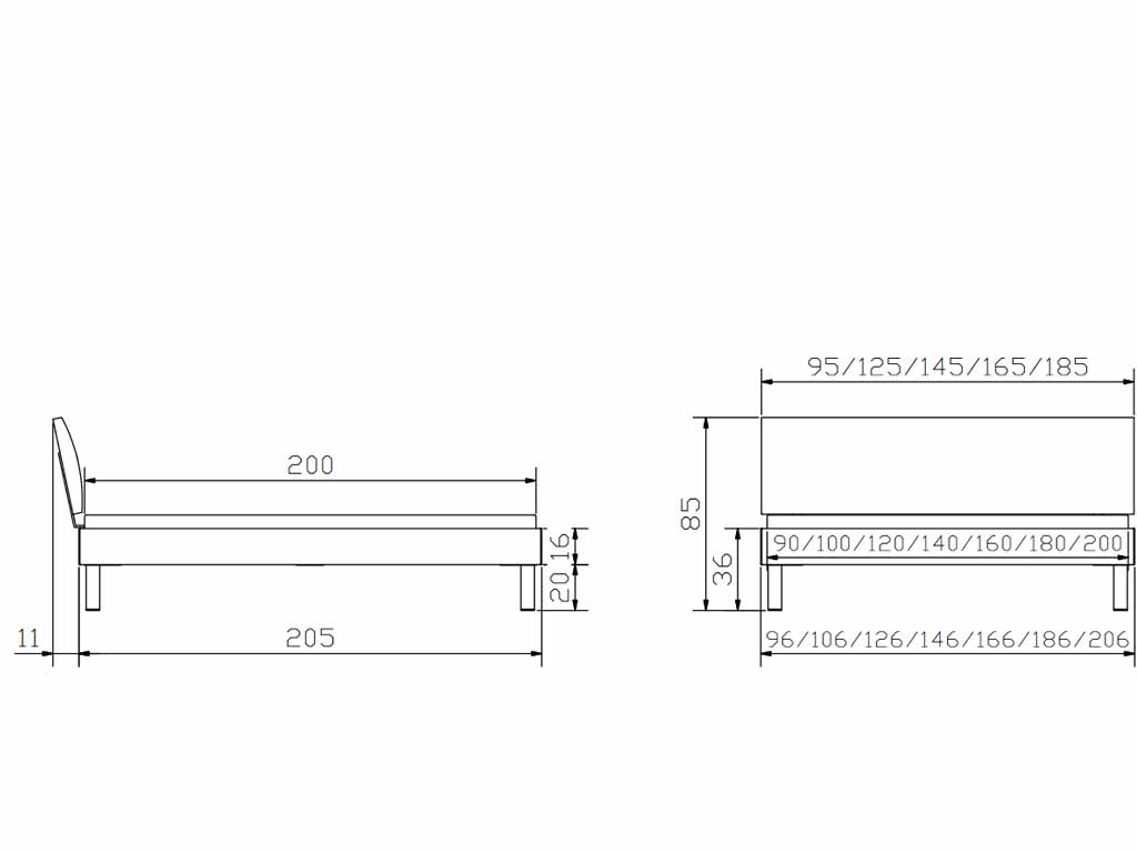 Technische Zeichnung eines Bettes mit Längen- und Breitenangaben, sowie Höhenmaße mit Kopfteil und Beinen, Größenangaben links und rechts gezeigt.