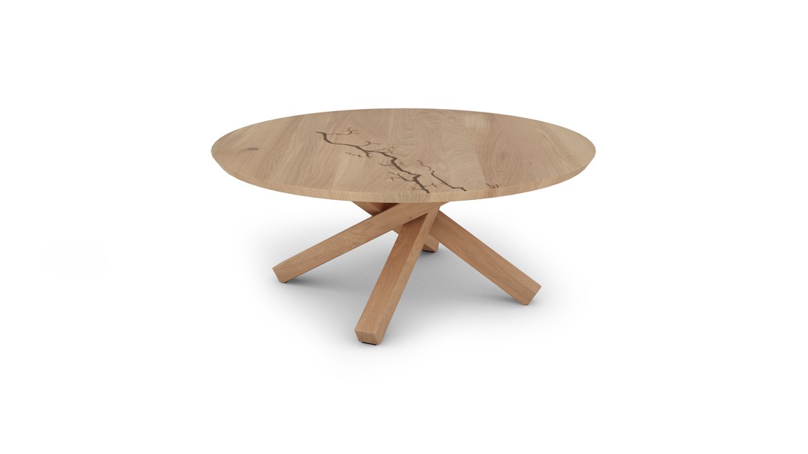 Wimmer Signatura | Kreuzcouchtisch mit Holzplatte | 306100 Moderner runder Couchtisch mit Eichenholzplatte und kunstvoller Maserung auf gekreuzten Holzbeinen