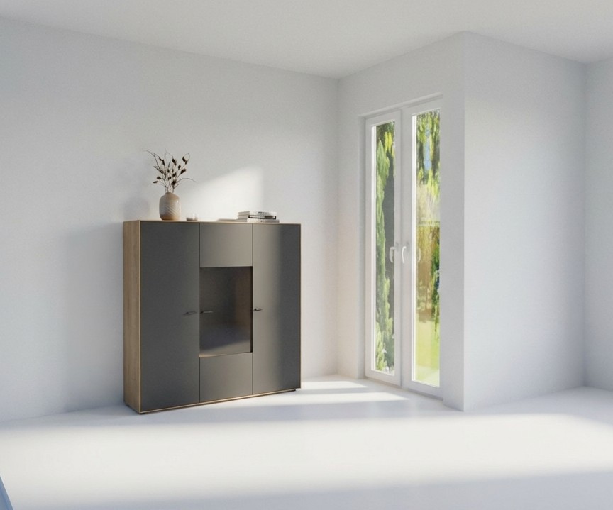 braun graues Highboards mit Holzakzent vor weißem Hintergrund