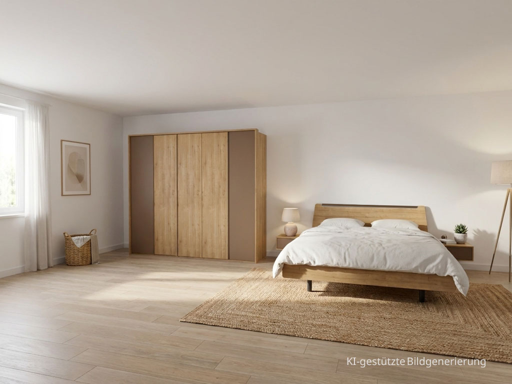 Modernes braunes Schlafzimmer mit einem fünftürigen Kleiderschrank, Doppelbett und zwei Konsolen stilvoll dekoriert in einem modernen Zimmer generiert, Bild KI-generiert