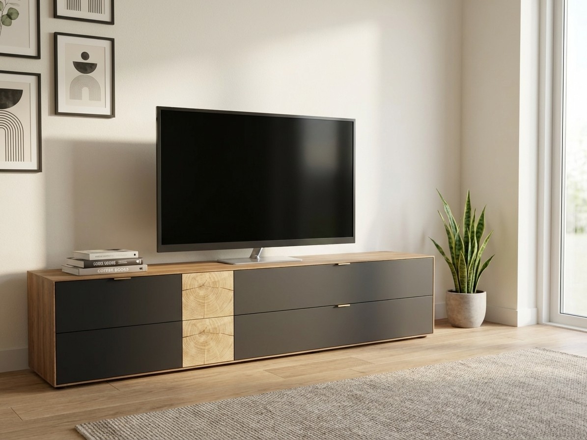 modernes braun graues Lowboard stilvoll dekoriert in einem modernen Zimmer