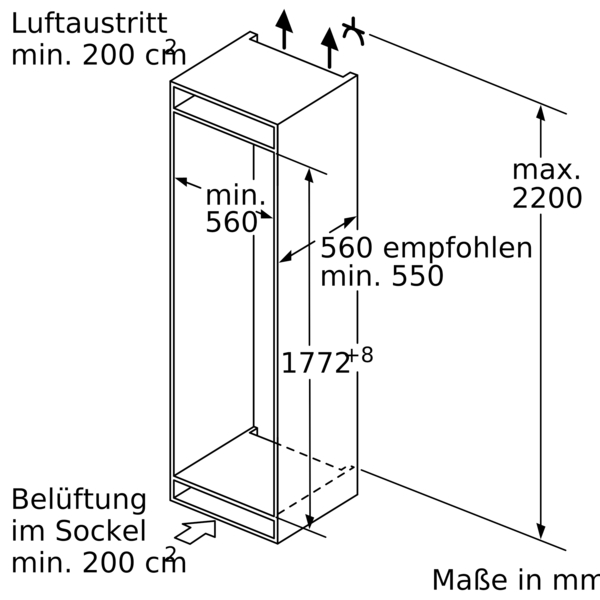 Diagramm zur Installation eines Kühlschranks mit Angaben zur Mindestbelüftung und Abmessungen in Millimetern