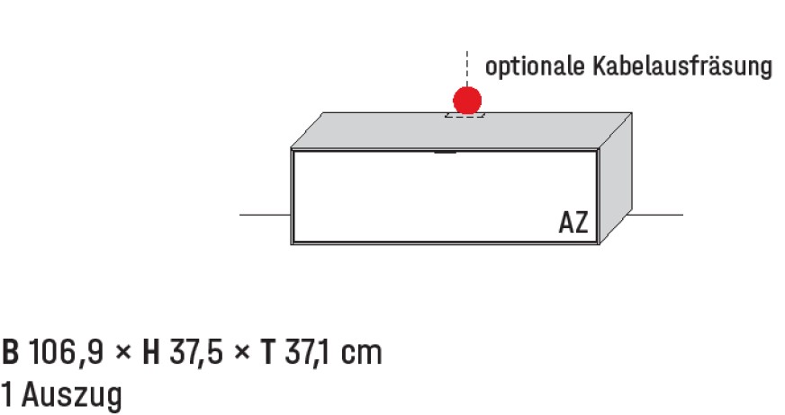 Illustration eines Lowboards und Beschriftung vor weißem Hintergrund