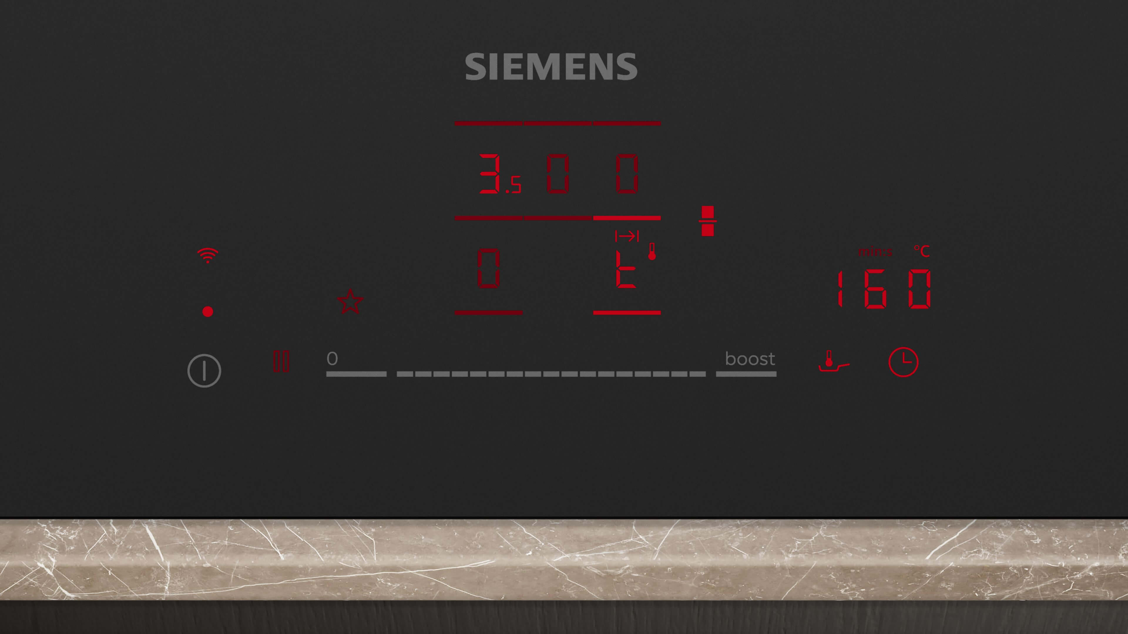 Nahaufnahme des roten LED-Bedienfelds mit digitaler Temperatur- und Stufenanzeige eines schwarzen Siemens-Induktionskochfelds.
