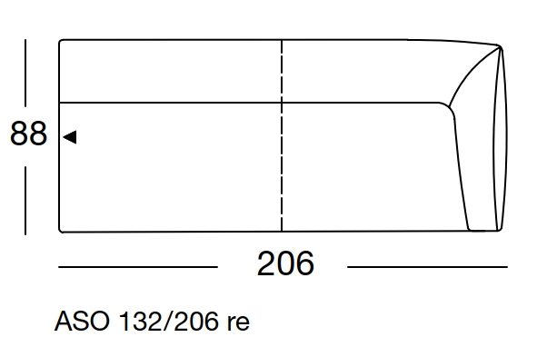 freistil Rolf Benz 132 - Anreihsofa rechts | B: 206 cm | ASO 132/206re Maßzeichnung eines Sofaelements vor weißem Hintergrund freistil Rolf Benz 132