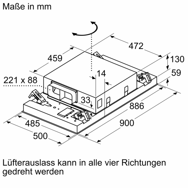 Technische Zeichnung einer Klimaanlage mit drehbarem Lüfterauslass. Maße in Millimeter: Breite 900, Tiefe 500, Höhe 130. Weitere Details zur Größe des Lüfterauslasses und der Lüftereinheit sind angegeben.