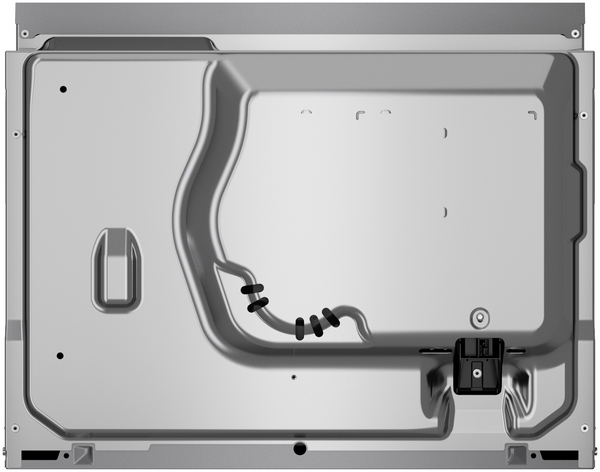 Rückansicht des Siemens Einbaukompaktbackofens CB734G1B1 mit metallischer Rückwand, Einbuchtungen für die Technik und dem elektrischen Anschlussbereich