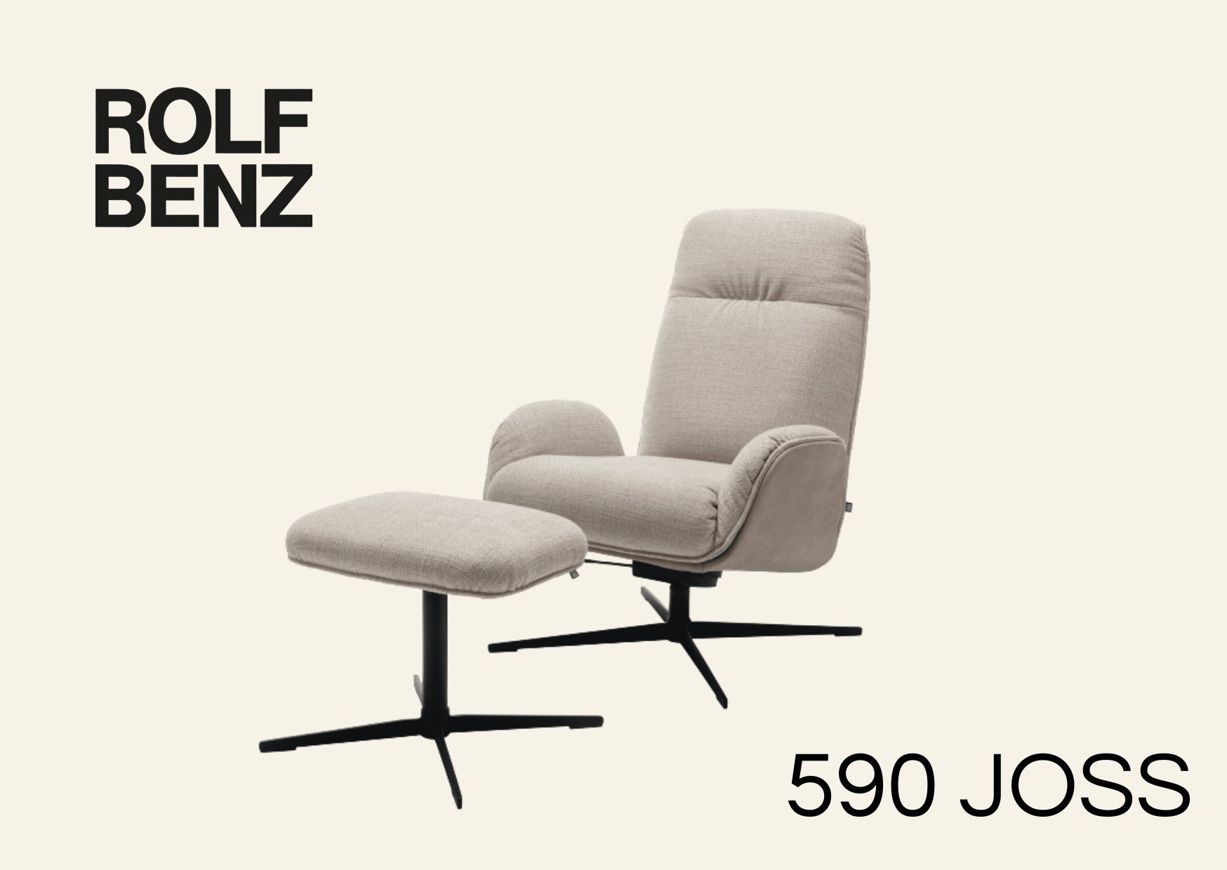Beiger Sessel mit passendem Hocker. Aufschrift Bild: Rolf Benz 590-Joss.