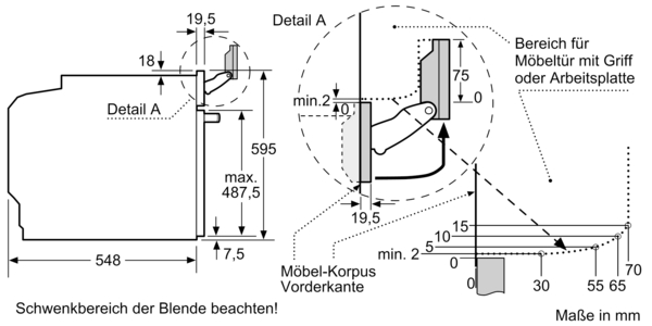 Technische Zeichnung eines Möbelschranks mit Abmessungen in Millimetern für die Montage einer Tür und der passenden Blende.