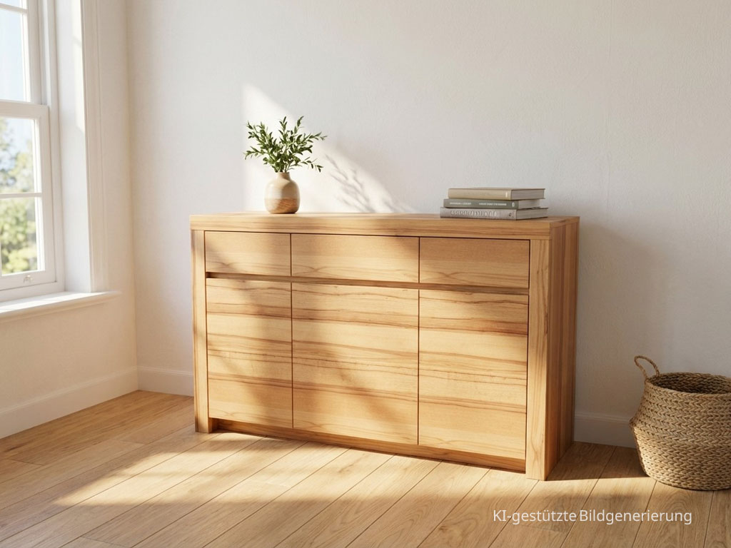 modernes braunes Sideboard stilvoll dekoriert in einem hellen Raum, Bild KI generiert