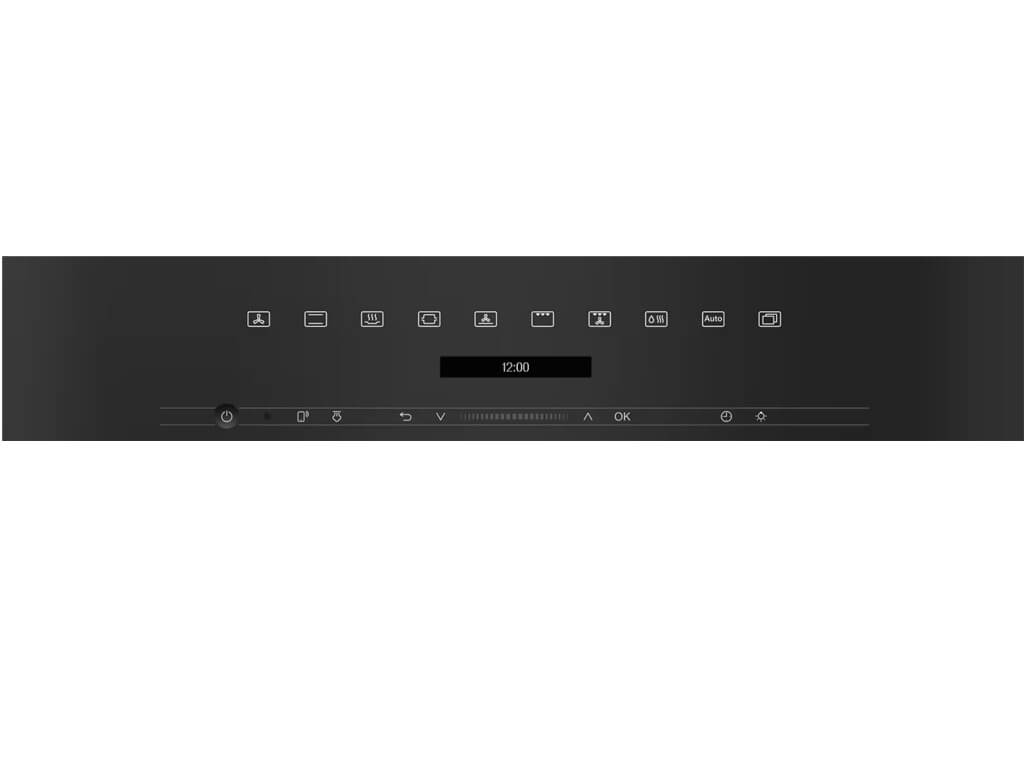 Eine Nahaufnahme des Bedienfelds eines Miele Einbaugeräts. Die Anzeige in der Mitte zeigt die Uhrzeit „12:00“ an. Oberhalb der Anzeige befinden sich verschiedene Touch-Symbole für die Programme